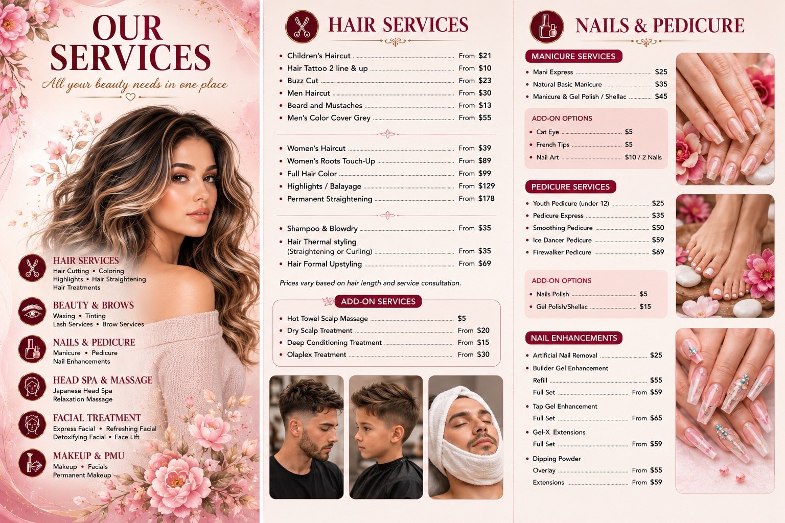 Price menu: hair services, nails and pedicure