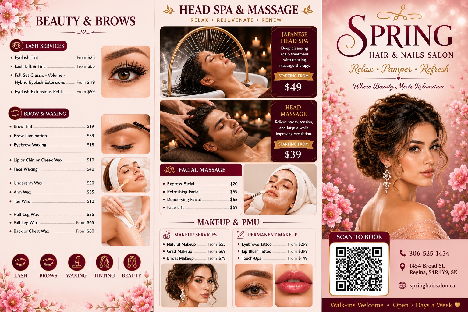 Price menu: beauty and brows, head spa and massage
